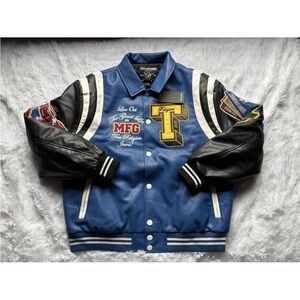True Religion Blue Varsity Jacket with Black Leather Sleeves